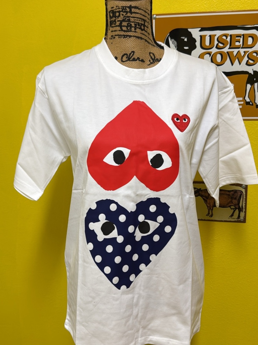 Comme des Garcons PLAY White Tee with Red and Navy Heart Graphics